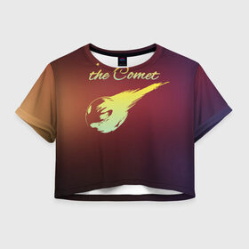 Женская футболка 3D укороченная с принтом Летящая комета в Петрозаводске, 100% полиэстер | круглая горловина, длина футболки до линии талии, рукава с отворотами | комета | космос | красиво | надписи | планета
