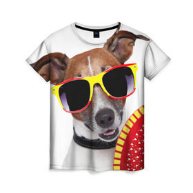 Женская футболка 3D с принтом Джек Рассел с веером в Петрозаводске, 100% полиэфир ( синтетическое хлопкоподобное полотно) | прямой крой, круглый вырез горловины, длина до линии бедер | джек рассел | песик | песики | собака | собаки | терьер