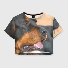 Женская футболка 3D укороченная с принтом Ротвейлер в Петрозаводске, 100% полиэстер | круглая горловина, длина футболки до линии талии, рукава с отворотами | большая | пес | песик | псина | ротвейлер | ротвейлеры | собака | собаки