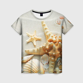 Женская футболка 3D с принтом Морской пляж 5 в Петрозаводске, 100% полиэфир ( синтетическое хлопкоподобное полотно) | прямой крой, круглый вырез горловины, длина до линии бедер | море | морская звезда | песок | пляж | ракушки | туризм | турист