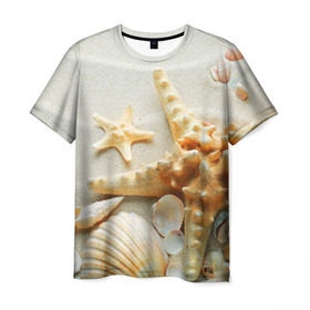Мужская футболка 3D с принтом Морской пляж 5 в Петрозаводске, 100% полиэфир | прямой крой, круглый вырез горловины, длина до линии бедер | море | морская звезда | песок | пляж | ракушки | туризм | турист