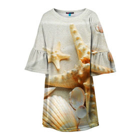Детское платье 3D с принтом Морской пляж 5 в Петрозаводске, 100% полиэстер | прямой силуэт, чуть расширенный к низу. Круглая горловина, на рукавах — воланы | море | морская звезда | песок | пляж | ракушки | туризм | турист