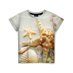 Детская футболка 3D с принтом Морской пляж 5 в Петрозаводске, 100% гипоаллергенный полиэфир | прямой крой, круглый вырез горловины, длина до линии бедер, чуть спущенное плечо, ткань немного тянется | море | морская звезда | песок | пляж | ракушки | туризм | турист