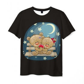Мужская футболка 3D с принтом Ночь любви в Петрозаводске, 100% полиэфир | прямой крой, круглый вырез горловины, длина до линии бедер | верность | зайчик | котенок | любовь | милые | мишка | нежность | новинки | романтик | сердце