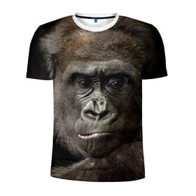 Мужская футболка 3D спортивная с принтом Взгляд в Петрозаводске, 100% полиэстер с улучшенными характеристиками | приталенный силуэт, круглая горловина, широкие плечи, сужается к линии бедра | Тематика изображения на принте: взгляд | голова | животные | обезьяна | природа