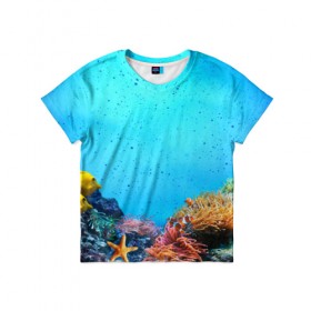 Детская футболка 3D с принтом рыбки в Петрозаводске, 100% гипоаллергенный полиэфир | прямой крой, круглый вырез горловины, длина до линии бедер, чуть спущенное плечо, ткань немного тянется | дно | лазурь | море | океан | синий | яркий