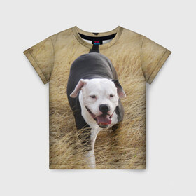 Детская футболка 3D с принтом Пит-буль на траве в Петрозаводске, 100% гипоаллергенный полиэфир | прямой крой, круглый вырез горловины, длина до линии бедер, чуть спущенное плечо, ткань немного тянется | амстафф | буль | пес | песик | питбули | питбуль | собака | собаки | стафф | терьер