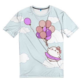 Мужская футболка 3D с принтом Кролик и шарики в Петрозаводске, 100% полиэфир | прямой крой, круглый вырез горловины, длина до линии бедер | воздушные шарики | зайчик | кавай | кролик | моланг | небо