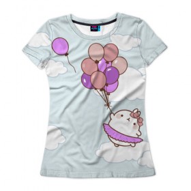 Женская футболка 3D с принтом Кролик и шарики в Петрозаводске, 100% полиэфир ( синтетическое хлопкоподобное полотно) | прямой крой, круглый вырез горловины, длина до линии бедер | воздушные шарики | зайчик | кавай | кролик | моланг | небо