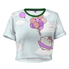 Женская футболка 3D укороченная с принтом Кролик и шарики в Петрозаводске, 100% полиэстер | круглая горловина, длина футболки до линии талии, рукава с отворотами | воздушные шарики | зайчик | кавай | кролик | моланг | небо