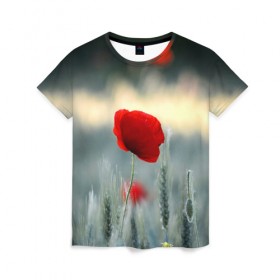 Женская футболка 3D с принтом Алый мак в Петрозаводске, 100% полиэфир ( синтетическое хлопкоподобное полотно) | прямой крой, круглый вырез горловины, длина до линии бедер | алый | красный | лепестки | мак | прикольные картинки | цветочки | цветы