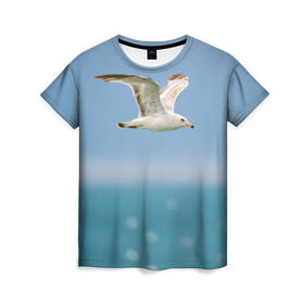 Женская футболка 3D с принтом Чайка в Петрозаводске, 100% полиэфир ( синтетическое хлопкоподобное полотно) | прямой крой, круглый вырез горловины, длина до линии бедер | вода | море | пернатые | природа | простор | птица | свобода | солнце | чайка