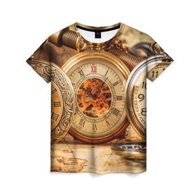 Женская футболка 3D с принтом Часы в Петрозаводске, 100% полиэфир ( синтетическое хлопкоподобное полотно) | прямой крой, круглый вырез горловины, длина до линии бедер | золото | карманные часы | старина | часы