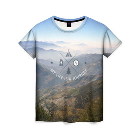Женская футболка 3D с принтом горы в Петрозаводске, 100% полиэфир ( синтетическое хлопкоподобное полотно) | прямой крой, круглый вырез горловины, длина до линии бедер | горы | лес | море | охота | приключения | природа | рыбалка | свобода | скалы | туман | туризм | экстрим