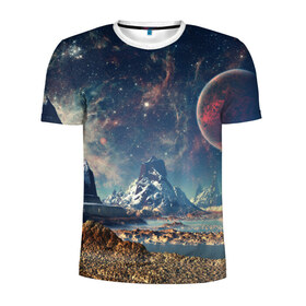 Мужская футболка 3D спортивная с принтом Космос в Петрозаводске, 100% полиэстер с улучшенными характеристиками | приталенный силуэт, круглая горловина, широкие плечи, сужается к линии бедра | space | галактика | горы | звёзды | космонавт | космос | планеты