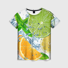 Женская футболка 3D с принтом Вкус лета в Петрозаводске, 100% полиэфир ( синтетическое хлопкоподобное полотно) | прямой крой, круглый вырез горловины, длина до линии бедер | вода | еда | зима | искусство | лайм | лимон | листья | новинки | природа | солнце | фрукты