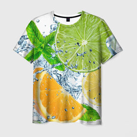 Мужская футболка 3D с принтом Вкус лета в Петрозаводске, 100% полиэфир | прямой крой, круглый вырез горловины, длина до линии бедер | Тематика изображения на принте: вода | еда | зима | искусство | лайм | лимон | листья | новинки | природа | солнце | фрукты