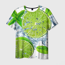 Мужская футболка 3D с принтом Свежесть лайма в Петрозаводске, 100% полиэфир | прямой крой, круглый вырез горловины, длина до линии бедер | бармен | витамины | диета | коктель | куб | лед | мороз | новинки | холодный | цвет