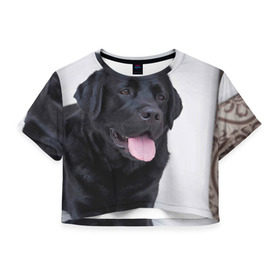 Женская футболка 3D укороченная с принтом Черный лабрадор в Петрозаводске, 100% полиэстер | круглая горловина, длина футболки до линии талии, рукава с отворотами | большая | золотистый | лабрадор | лабрадоры | палевый | песик | ретривер | собака | собаки