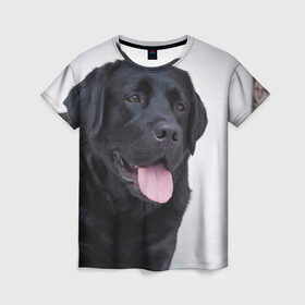 Женская футболка 3D с принтом Черный лабрадор в Петрозаводске, 100% полиэфир ( синтетическое хлопкоподобное полотно) | прямой крой, круглый вырез горловины, длина до линии бедер | большая | золотистый | лабрадор | лабрадоры | палевый | песик | ретривер | собака | собаки
