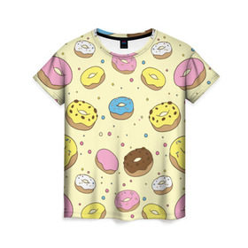 Женская футболка 3D с принтом Сладкие пончики в Петрозаводске, 100% полиэфир ( синтетическое хлопкоподобное полотно) | прямой крой, круглый вырез горловины, длина до линии бедер | булочки | гомер симпсон | еда | пончики | сладости