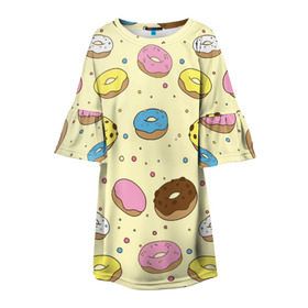 Детское платье 3D с принтом Сладкие пончики в Петрозаводске, 100% полиэстер | прямой силуэт, чуть расширенный к низу. Круглая горловина, на рукавах — воланы | Тематика изображения на принте: булочки | гомер симпсон | еда | пончики | сладости