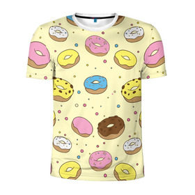Мужская футболка 3D спортивная с принтом Сладкие пончики в Петрозаводске, 100% полиэстер с улучшенными характеристиками | приталенный силуэт, круглая горловина, широкие плечи, сужается к линии бедра | булочки | гомер симпсон | еда | пончики | сладости