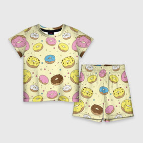 Детский костюм с шортами 3D с принтом Сладкие пончики в Петрозаводске,  |  | булочки | гомер симпсон | еда | пончики | сладости