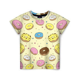 Детская футболка 3D с принтом Сладкие пончики в Петрозаводске, 100% гипоаллергенный полиэфир | прямой крой, круглый вырез горловины, длина до линии бедер, чуть спущенное плечо, ткань немного тянется | булочки | гомер симпсон | еда | пончики | сладости