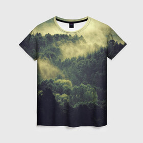 Женская футболка 3D с принтом туманный лес в Петрозаводске, 100% полиэфир ( синтетическое хлопкоподобное полотно) | прямой крой, круглый вырез горловины, длина до линии бедер | горы | лес | море | охота | приключения | природа | рыбалка | свобода | скалы | туман | туризм | экстрим