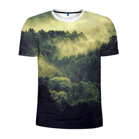 Мужская футболка 3D спортивная с принтом туманный лес в Петрозаводске, 100% полиэстер с улучшенными характеристиками | приталенный силуэт, круглая горловина, широкие плечи, сужается к линии бедра | горы | лес | море | охота | приключения | природа | рыбалка | свобода | скалы | туман | туризм | экстрим