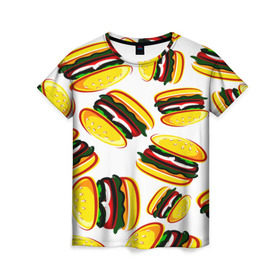 Женская футболка 3D с принтом Гамбургер в Петрозаводске, 100% полиэфир ( синтетическое хлопкоподобное полотно) | прямой крой, круглый вырез горловины, длина до линии бедер | fast food | фастфуд