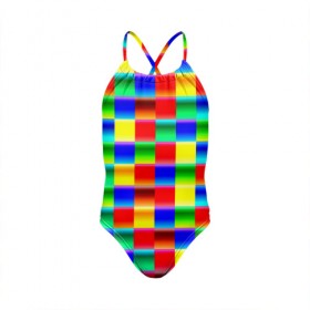 Детский купальник 3D с принтом Кубики в Петрозаводске, Полиэстер 85%, Спандекс 15% | Слитный крой, подклад по переду изделия, узкие бретели | Тематика изображения на принте: абстракция | кубики | пиксели | плитка | разноцветный | яркий