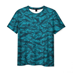 Мужская футболка 3D с принтом Акулы в Петрозаводске, 100% полиэфир | прямой крой, круглый вырез горловины, длина до линии бедер | Тематика изображения на принте: камуфляж | море | океан | рыба | рыбак | рыбалка