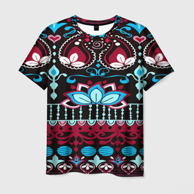 Мужская футболка 3D с принтом India Burgundy в Петрозаводске, 100% полиэфир | прямой крой, круглый вырез горловины, длина до линии бедер | орнамент | разноцветный | цветы