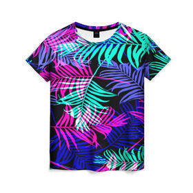 Женская футболка 3D с принтом Hawaii ? в Петрозаводске, 100% полиэфир ( синтетическое хлопкоподобное полотно) | прямой крой, круглый вырез горловины, длина до линии бедер | листья | паттерн | разноцветный | тропики | яркий