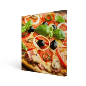 Холст квадратный с принтом Пицца в Петрозаводске, 100% ПВХ |  | базилик | еда | зелень | маслины | оливки | пицца | помидоры