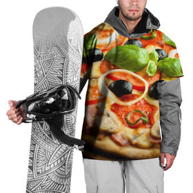 Накидка на куртку 3D с принтом Пицца в Петрозаводске, 100% полиэстер |  | базилик | еда | зелень | маслины | оливки | пицца | помидоры