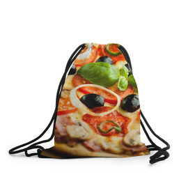 Рюкзак-мешок 3D с принтом Пицца в Петрозаводске, 100% полиэстер | плотность ткани — 200 г/м2, размер — 35 х 45 см; лямки — толстые шнурки, застежка на шнуровке, без карманов и подкладки | базилик | еда | зелень | маслины | оливки | пицца | помидоры