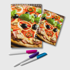 Блокнот с принтом Пицца в Петрозаводске, 100% бумага | 48 листов, плотность листов — 60 г/м2, плотность картонной обложки — 250 г/м2. Листы скреплены удобной пружинной спиралью. Цвет линий — светло-серый
 | базилик | еда | зелень | маслины | оливки | пицца | помидоры