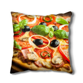 Подушка 3D с принтом Пицца в Петрозаводске, наволочка – 100% полиэстер, наполнитель – холлофайбер (легкий наполнитель, не вызывает аллергию). | состоит из подушки и наволочки. Наволочка на молнии, легко снимается для стирки | базилик | еда | зелень | маслины | оливки | пицца | помидоры