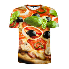 Мужская футболка 3D спортивная с принтом Пицца в Петрозаводске, 100% полиэстер с улучшенными характеристиками | приталенный силуэт, круглая горловина, широкие плечи, сужается к линии бедра | базилик | еда | зелень | маслины | оливки | пицца | помидоры