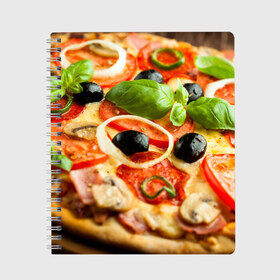 Тетрадь с принтом Пицца в Петрозаводске, 100% бумага | 48 листов, плотность листов — 60 г/м2, плотность картонной обложки — 250 г/м2. Листы скреплены сбоку удобной пружинной спиралью. Уголки страниц и обложки скругленные. Цвет линий — светло-серый
 | базилик | еда | зелень | маслины | оливки | пицца | помидоры