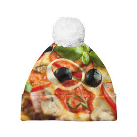 Шапка 3D c помпоном с принтом Пицца в Петрозаводске, 100% полиэстер | универсальный размер, печать по всей поверхности изделия | базилик | еда | зелень | маслины | оливки | пицца | помидоры