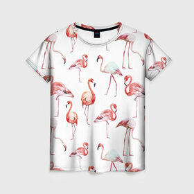 Женская футболка 3D с принтом Узор из фламинго в Петрозаводске, 100% полиэфир ( синтетическое хлопкоподобное полотно) | прямой крой, круглый вырез горловины, длина до линии бедер | животные | мозаика | птицы | узор | фауна | фламинго