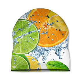 Шапка 3D с принтом Мятный смузи в Петрозаводске, 100% полиэстер | универсальный размер, печать по всей поверхности изделия | Тематика изображения на принте: вода | еда | зима | искусство | лайм | лимон | листья | новинки | природа | солнце | фрукты