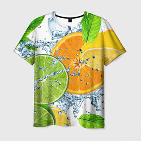 Мужская футболка 3D с принтом Мятный смузи в Петрозаводске, 100% полиэфир | прямой крой, круглый вырез горловины, длина до линии бедер | Тематика изображения на принте: вода | еда | зима | искусство | лайм | лимон | листья | новинки | природа | солнце | фрукты