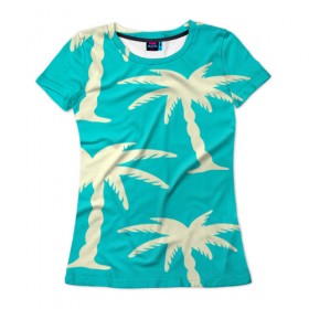 Женская футболка 3D с принтом Пальмы в Петрозаводске, 100% полиэфир ( синтетическое хлопкоподобное полотно) | прямой крой, круглый вырез горловины, длина до линии бедер | бирюзовый | паттерн | тропики