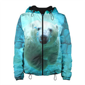Женская куртка 3D с принтом медведь в Петрозаводске, ткань верха — 100% полиэстер, подклад — флис | прямой крой, подол и капюшон оформлены резинкой с фиксаторами, два кармана без застежек по бокам, один большой потайной карман на груди. Карман на груди застегивается на липучку | медведь | пловец