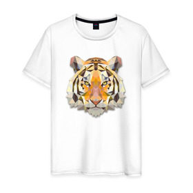 Мужская футболка хлопок с принтом Полигональный тигр в Петрозаводске, 100% хлопок | прямой крой, круглый вырез горловины, длина до линии бедер, слегка спущенное плечо. | геометрический рисунок | голова | животные | тигр | фауна